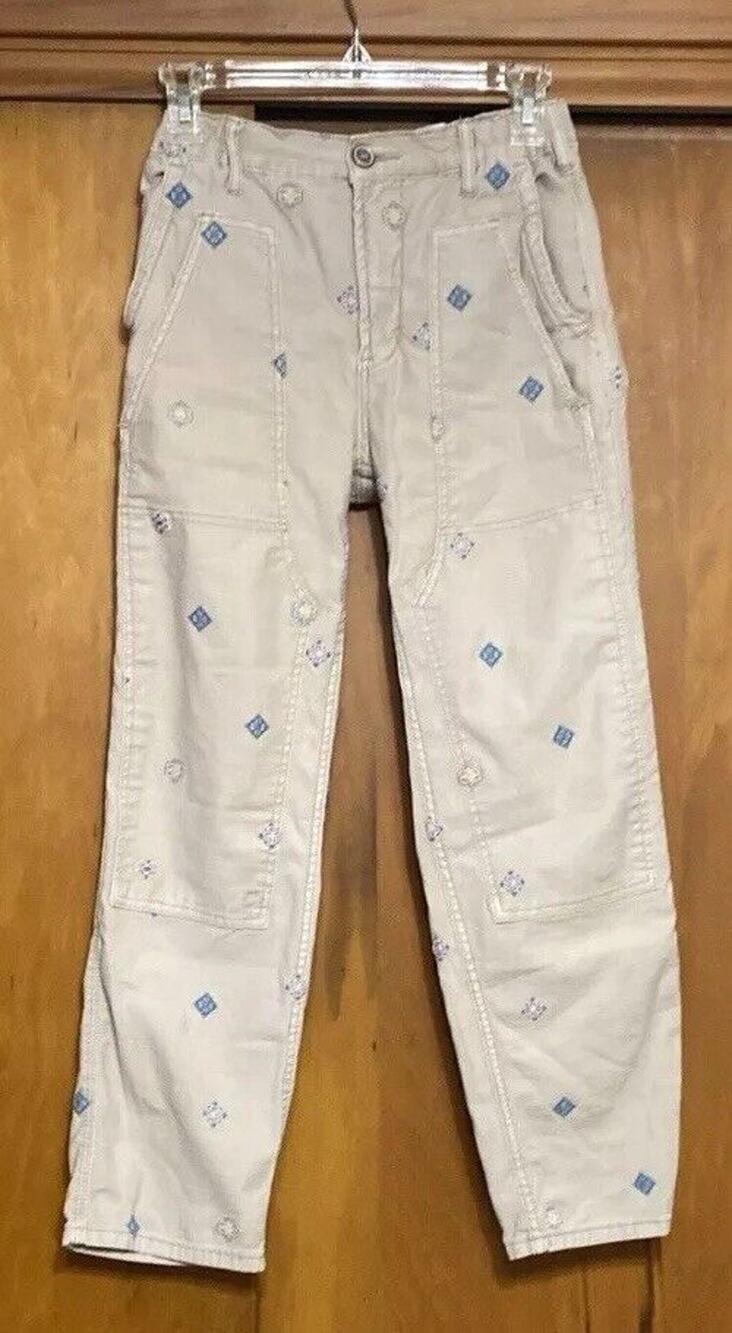 Pilcro The Roamer Tan Cargo Pants Embroidered Pastels Elastic Boho Anthropologie